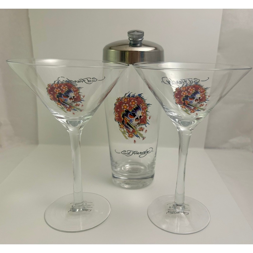 Ed Hardy Martini Shaker Set - Includes Glass Shaker And Two Martini Glasses